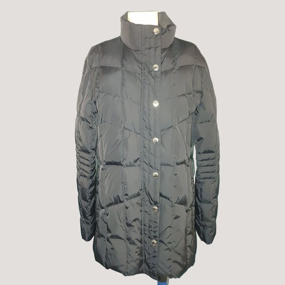 Brooks Brothers 346 Womens Black Quilted Down Puffer Jacket Size L Button Zip